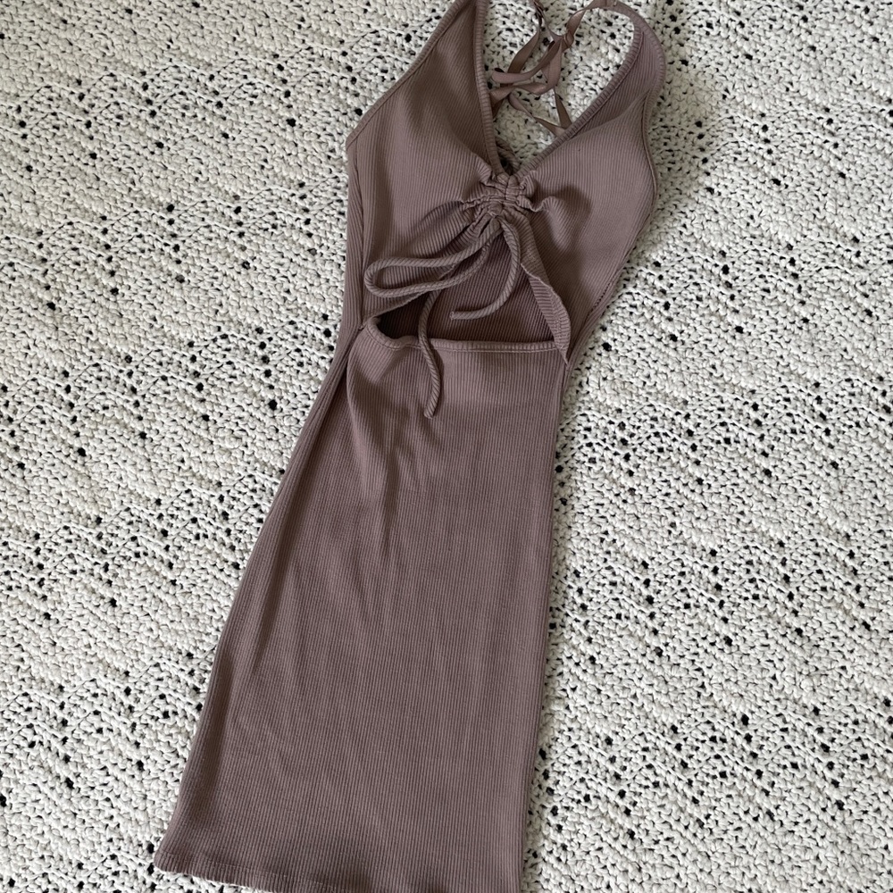 Junie Clothing Ribbed Halter Racerback Cutout Mini Dress Brown (Medium)